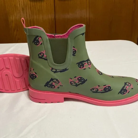 Anthropologie Bicycle Pattern Rain Boots 8 Green Boots - Picture 3 of 9